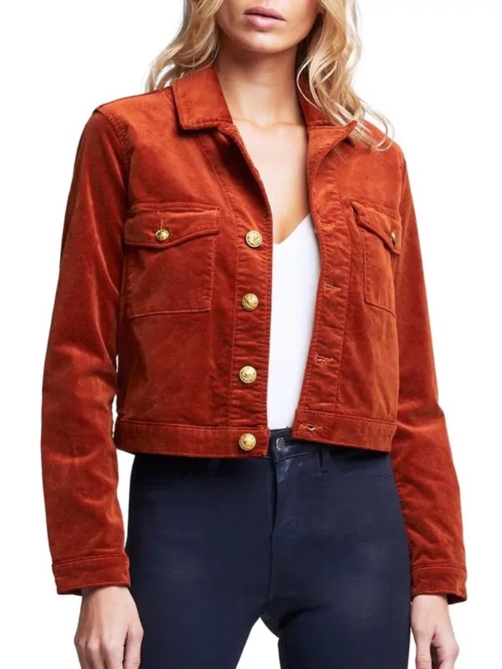 L'Agence Eisenhower Cotton Blend Velvet Crop Trucker Jacket - Rust Brown